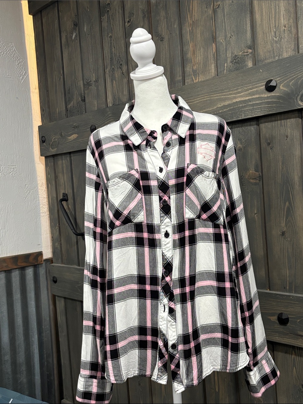 Harley Davidson Pink & Black Plaid Button-Up Shirt